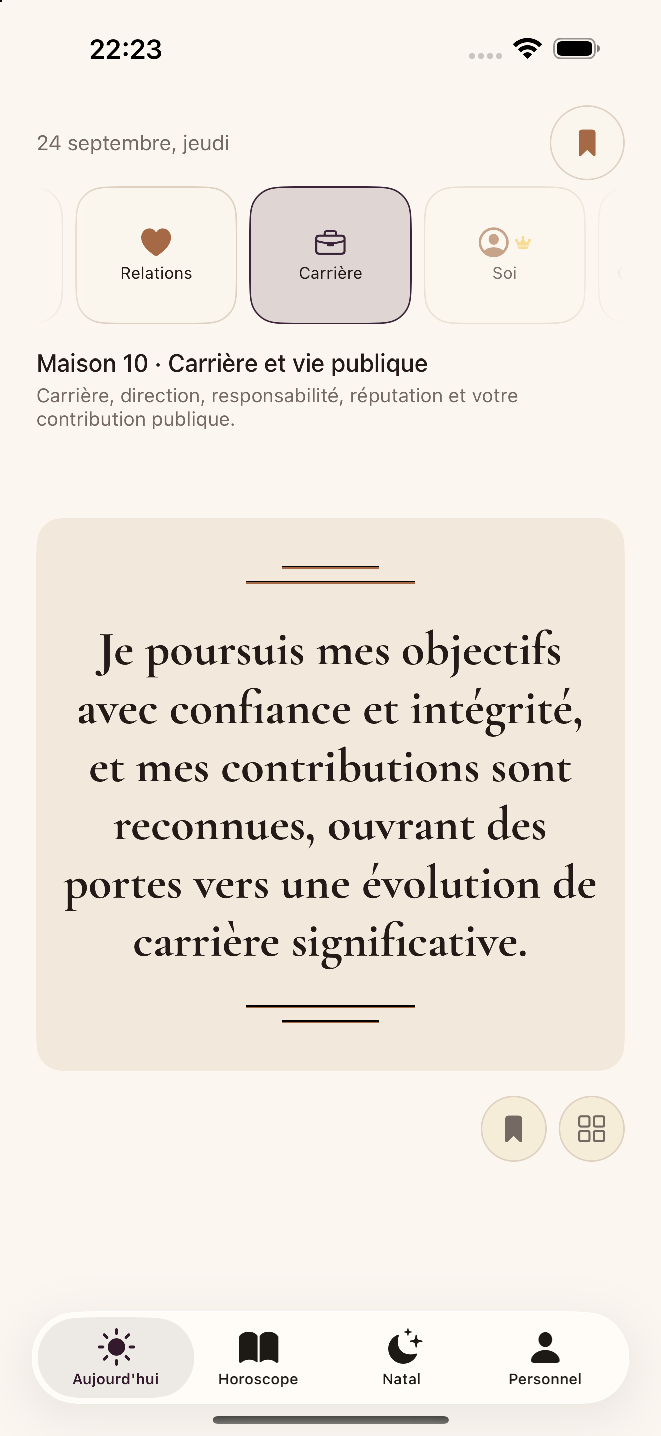 Affirmoon Today screen showing a daily affirmation in French